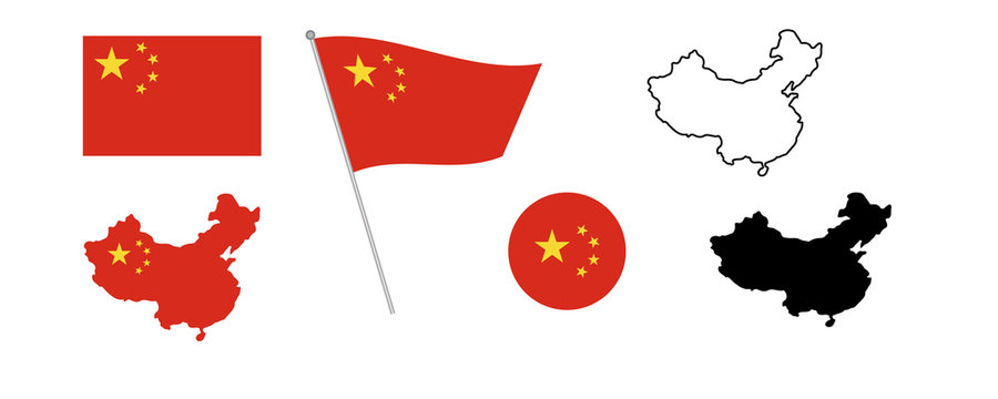 National China flag. Map of China filled with the flag. Black and sketch blank China map on white background