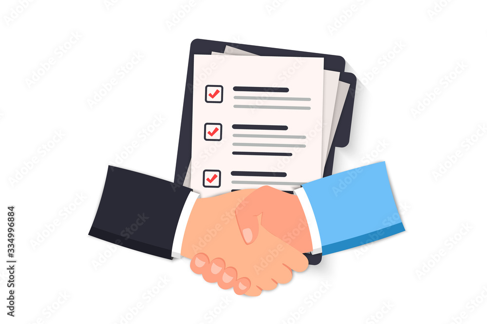 Aufkleber Сoncluding a contract with a handshake. Two hands doing a handshake, business concept. Conclusion of the contract, approval of documents. Business Shaking hands. Contract papers, documents