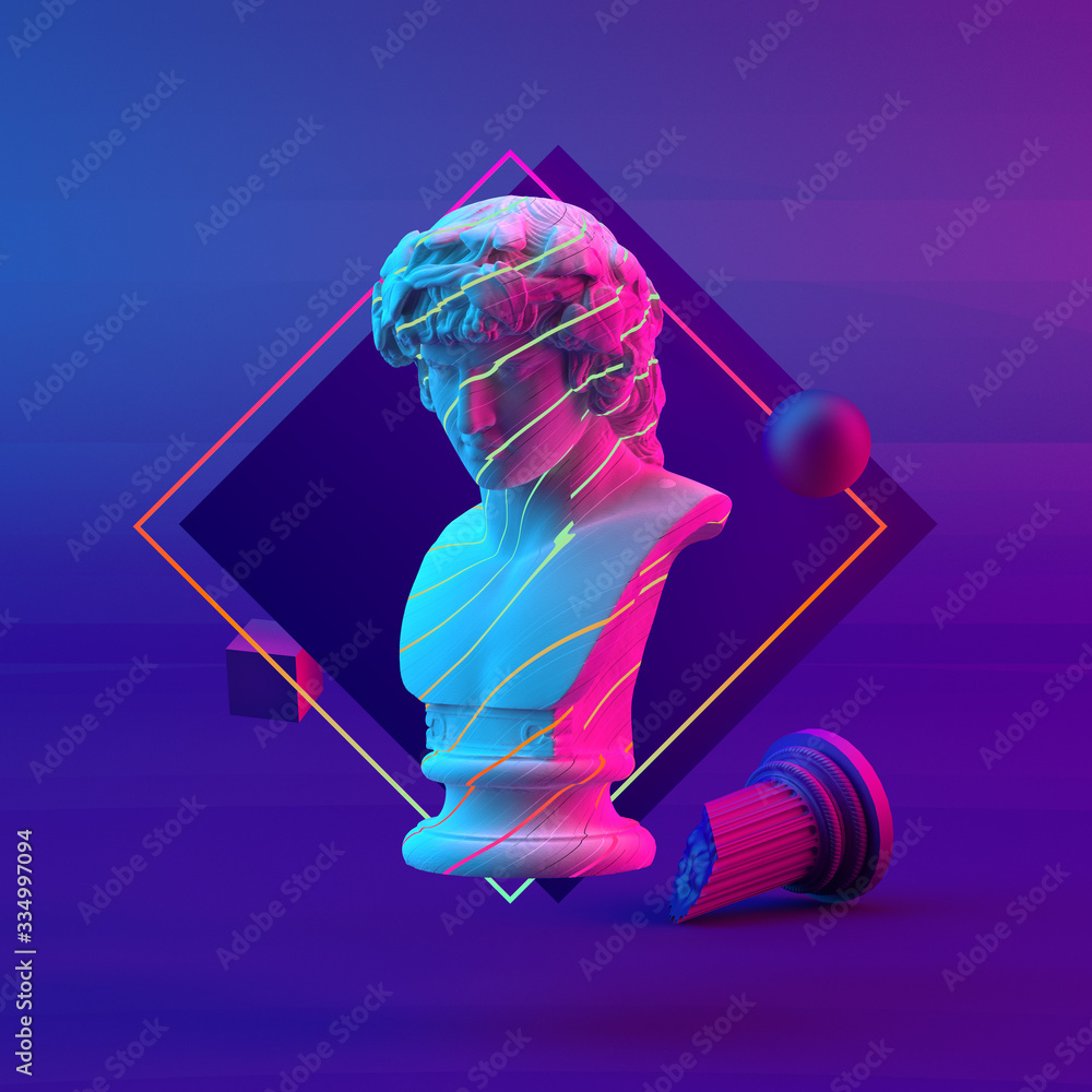 Wall mural 3d-illustration of an abstract composition of bust and primitive objects on violet background