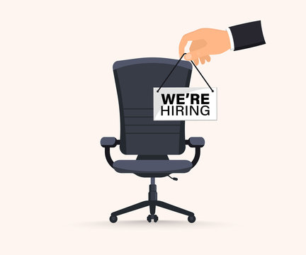 Recruiting or hiring, open vacancy. Business hiring and recruiting concept. We are hiring. Vacant position with Empty office chair with vacant with a sign we need you. Office chair vector illustration