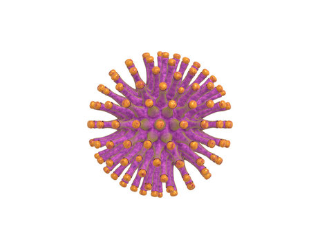 3D rendering realistic yellow purple virus under the microscope, 2019-nCoV coronavirus infection bacterium on a white background.
