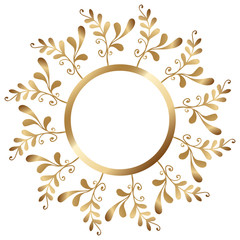 Floral frame with golden branches on white background. Ornament with gradient leaves. Vector stock holiday illustration. Template design for invitation, poster, card, postcard. Gold round border.