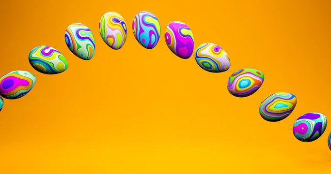 Colorful Easter eggs rendered in 3D waving in a parabola on a yellow-orange background in 4K