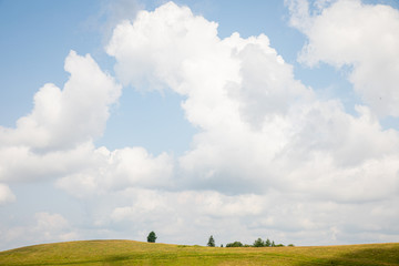 Naklejka premium Light blue sky with fluffy clouds and subltle path on green summer hill with trees landscape