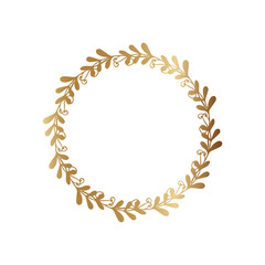 Floral frame with golden branches on white background. Ornament with gradient leaves. Vector stock holiday illustration. Template design for invitation, poster, card, postcard. Gold round border.