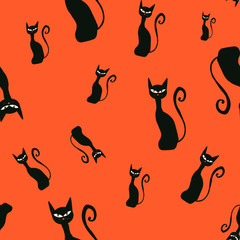 halloween seamless pattern with black cats on red background. Animals print. Kids design, stationery, mug, postcard, packaging, wallpaper, textile design