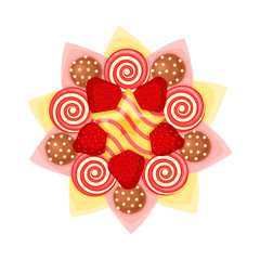 Bouquet of Twisted Sweets and Strawberry in Paper Wrap View from Above Vector Illustration