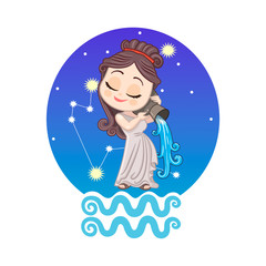 Vector illustration of Aquarius symbol. Young woman on space background pours water from the pot. Picture for prints, stickers and design.