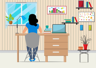 Flat design vector of  woman doing work at the laptop computer in office.She is sitting on a chair behind computer with picture,clock,lamp,Vector Graphic designer and workplace concept.