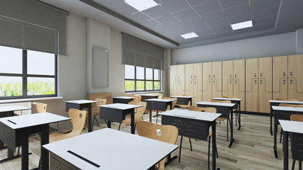 Modern classroom design with modern desk and seat 3D rendering