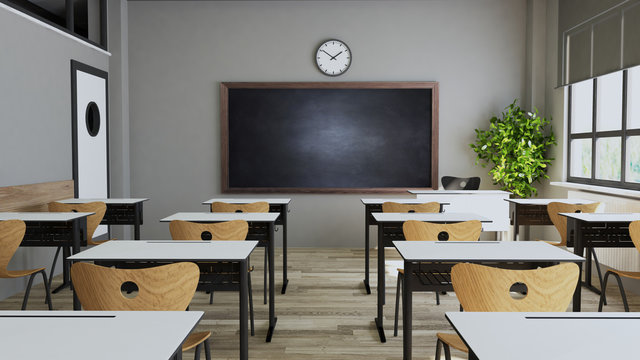 Modern classroom design with modern desk and seat 3D rendering