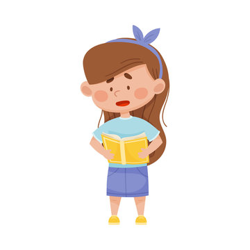 Girl with Updrawn Eyebrows Standing with Open Book and Reading Vector Illustration