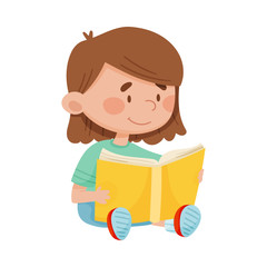 Cute Girl Sitting on the Floor with Open Book and Reading Vector Illustration