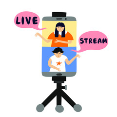 Live stream concept. Two people on screen talking. Speech bubble and text. Cell phone in tripod. Isolated on white. Online video chat. Distance communication. Social media. Funny vector illustration.