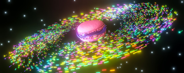 Panoramic view of 3D macarons as a planet in space with colorful sprinkles as saturn rings