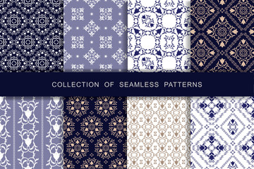 8 Seamless Patterns Set. Vector illustration. Textile printing. Guipure, lace