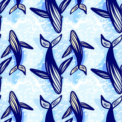 Whale seamless pattern, textile or fabric print pattern, wallpaper background, wild animal, vector illustration, hand drawn style.