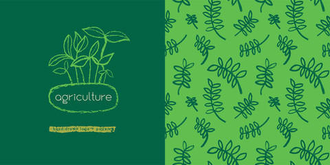 Vector hand-drawn agricultural seamless pattern for hydroponic and microgreens concept. Floral background with growing leaf for label of seed. Natural pastel textures. Banner template for Bio food.