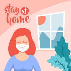 stay at home vector illustration, woman wearing mask stay at home