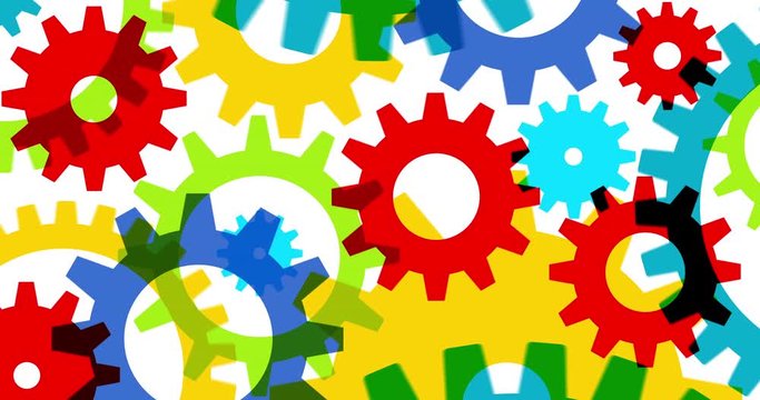 Colorful animated gears rotating on white background