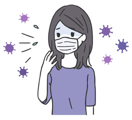 マスクをつけた体調不良の女性とウィルス