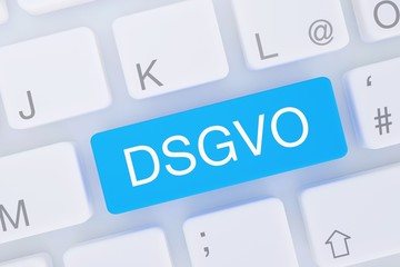 DSGVO. Computer Tastatur von oben zeigt Taste mit Wort hervorgehoben. Software, Internet, Programm