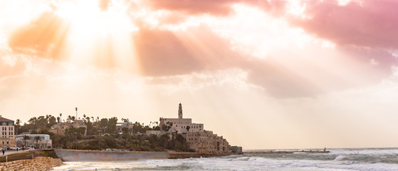 Sunset view of old town port of jaffa in Tel Aviv Isreal.	