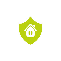 Green shield with home inside. Vector flat icon isolated on white.