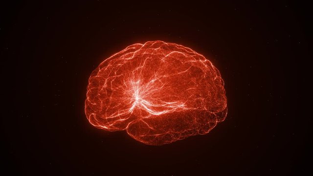 Red Glowing brain. Lightning Neurons connections.  Brain death. Anxiety. Infection. Mental virus. Zombie.