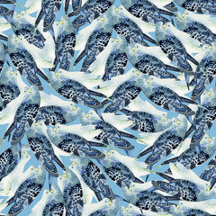 Watercolor hand drawn seamless pattern with parrot couples on light blue background is perfect for textile design.