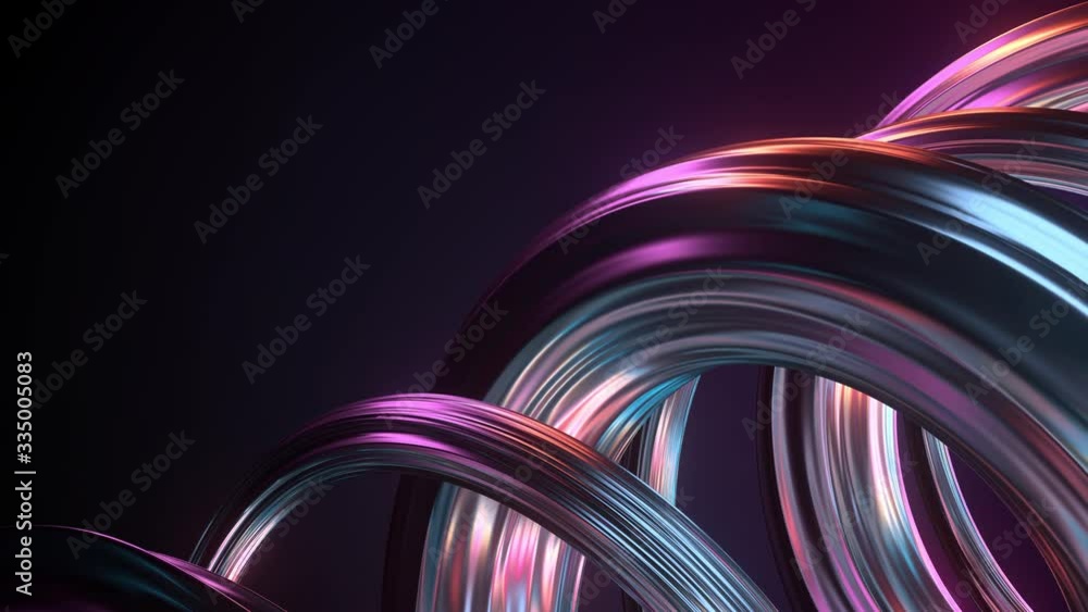 Poster 3d render of twisted shape made of chrome material. iridescent colorful reflections. loopable animat