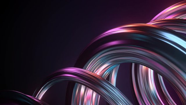 3d render of twisted shape made of chrome material. Iridescent  colorful reflections. Loopable animation.