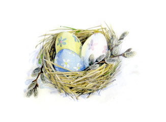 Watercolor illustration. Decorative eggs in the nest. Easter. Postcard.