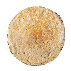 Russian pancake on white background. Russian traditional dish - bliny, usually made for maslenitsa celebration.