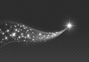 Star with glow glitter isolated on transparent background. Light effect sparkles wave. Vector white sparkling comet tail.. - obrazy, fototapety, plakaty