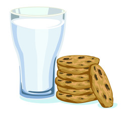 chocolate chip biscuit cookies with glass of milk symbol sugar sweets isolated on white background