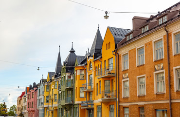 Fototapeta na wymiar Multicolored facades of buildings in Helsinki, the capital of Finland