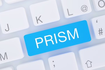 PRISM. Computer Tastatur von oben zeigt Taste mit Wort hervorgehoben. Software, Internet, Programm