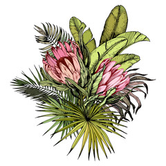 Tropical floral bouquet with exotic King Protea flowers and palm leaves.