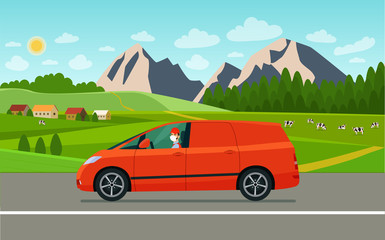 Fototapeta na wymiar Cargo van with a driver in a medical mask on a landscape background. Vector flat style illustration.
