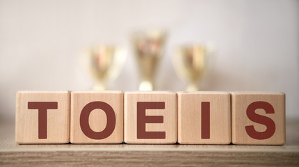 TOEIS - Test of English for International Communication - text on wooden cubes with winning cups
