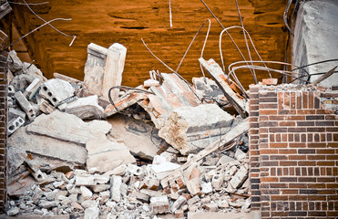 Fallen Rubble from a Brick and Concrete Building