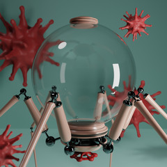 Red coronavirus cells render with glass pod for protection COVID-19 background