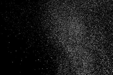 White Grainy Texture Isolated On Black Background. Dust Overlay. Light Coloured Noise Granules. Snow Vector Elements. Digitally Generated Image. Illustration, Eps 10.
