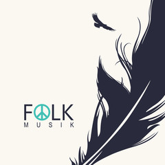 Vector poster or cover on the theme of a folk music with a black feather and a flying bird on a light background.