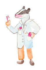 Watercolor children 's dentist badger.Cute illustration of a medical worker on a white isolated background.Design for banner, social media, poster, print, books, packaging, paintings, postcard.