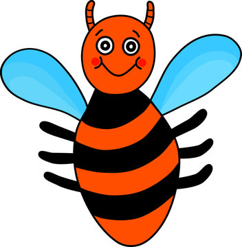 Amusing Yellow Bee With A Charming Smile And Light Blue Wings. Baby Bees Drawn In A Funny Style. Creative Vector Kid Illustration.