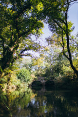Fototapeta na wymiar Old dark stone bridge across the river. bridge with reflection in the river among green trees.