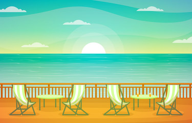 Sea Ocean Landscape View Table Chair on Cruise Ship Deck Illustration