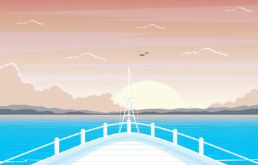 Fototapeta na wymiar Sunset Sunrise Sea Ocean Landscape View on Cruise Ship Deck Illustration